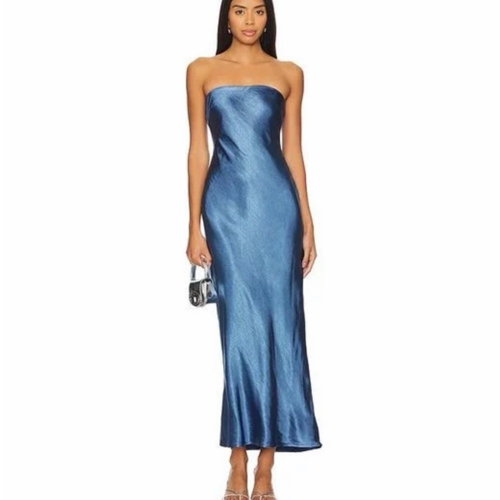 Strapless Satin Midi Dress in Blue
